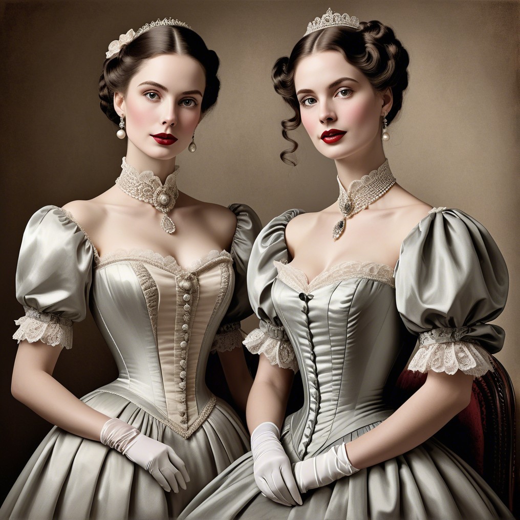Elegant Women in Vintage Gowns with Pearls and Lace