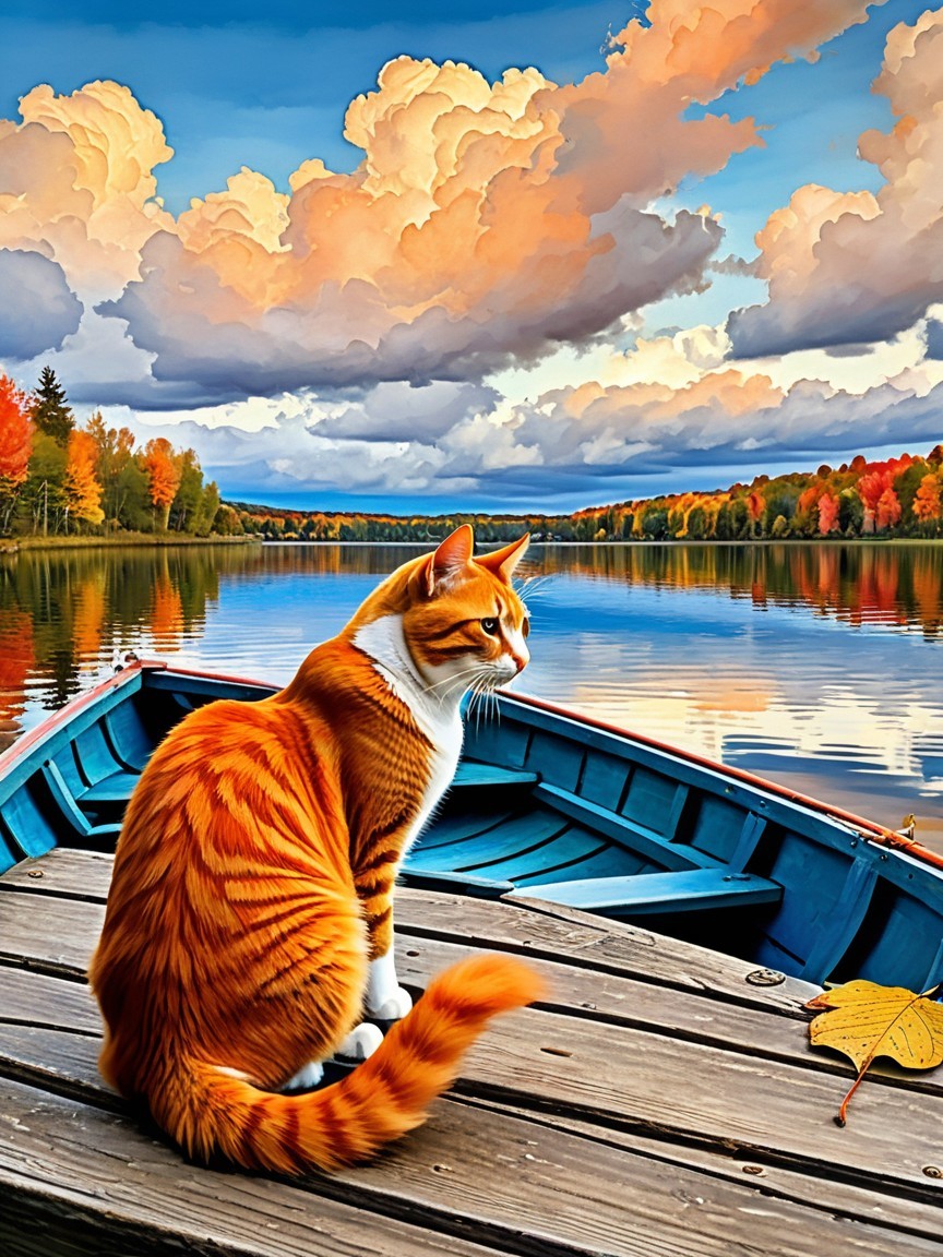 Orange and white cat on a boat by autumn lake