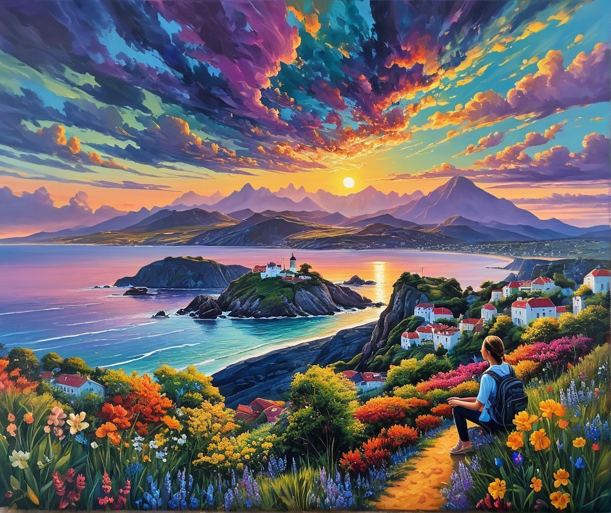 Coastal Landscape Painting at Sunset with Vibrant Colors