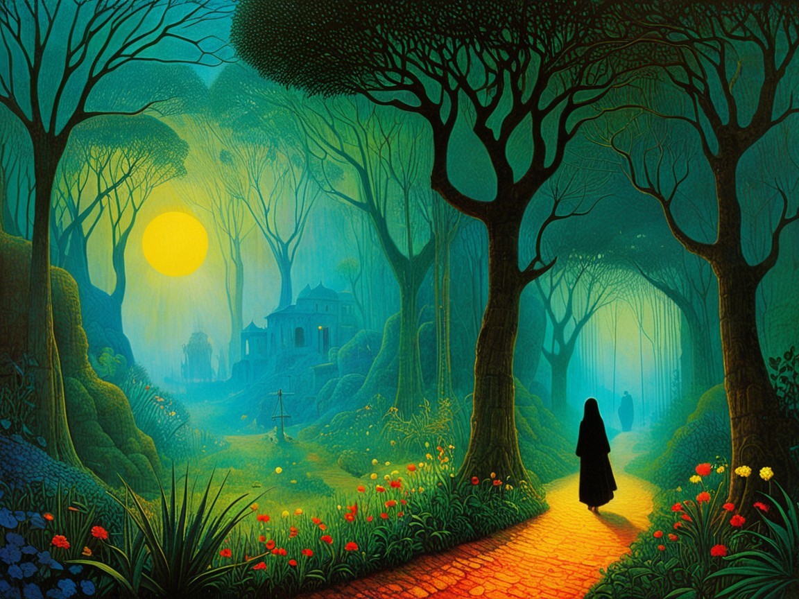 Cloaked Figure in a Mystical Forest Landscape