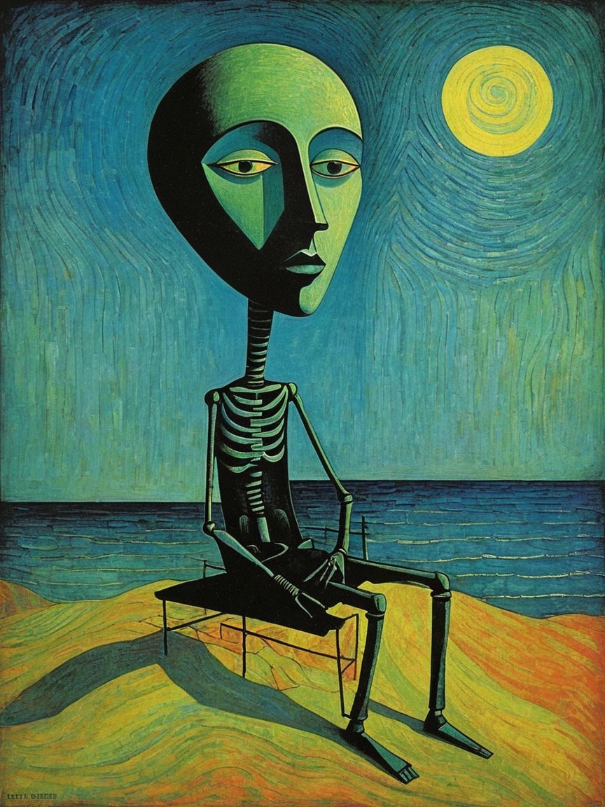 Skeletal Figure by Tranquil Sea with Vibrant Sun