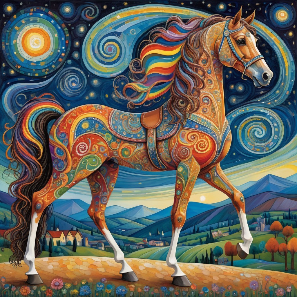 Vibrant Horse with Patterns in Dreamlike Landscape