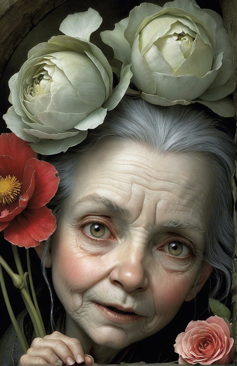 Elderly Woman with Gray Hair and White Roses