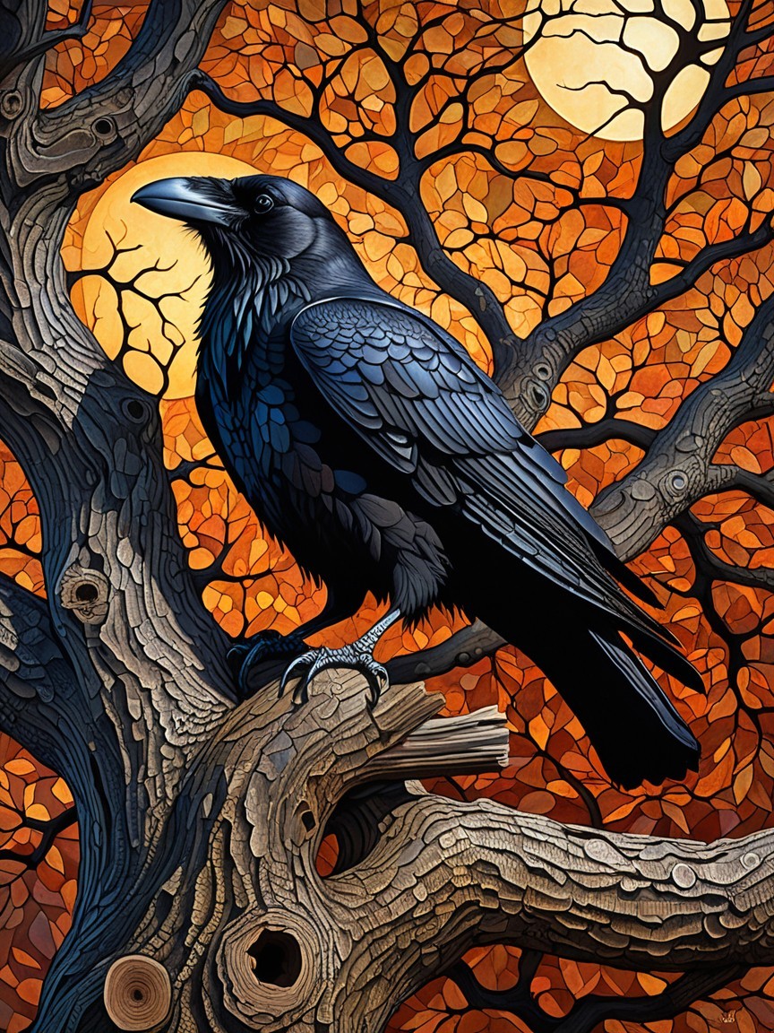 Raven on Branch Amid Autumn Leaves and Sunset Orbs