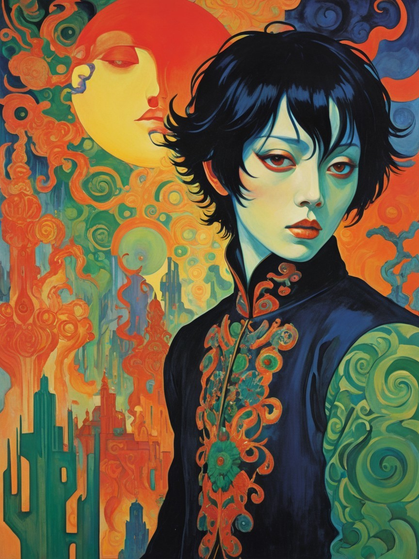 Striking Figure in Intricate Garment with Surreal Backdrop