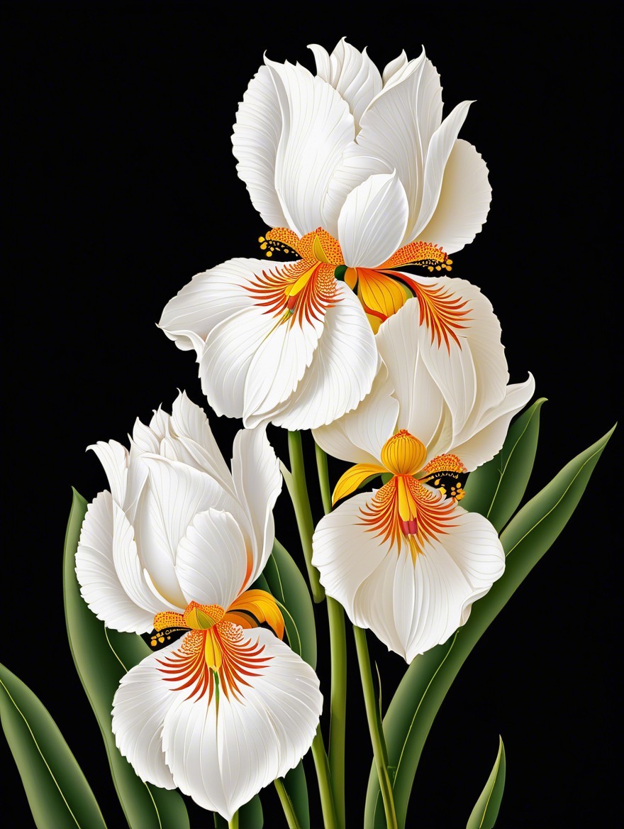 White Orchids with Orange and Yellow Accents on Black