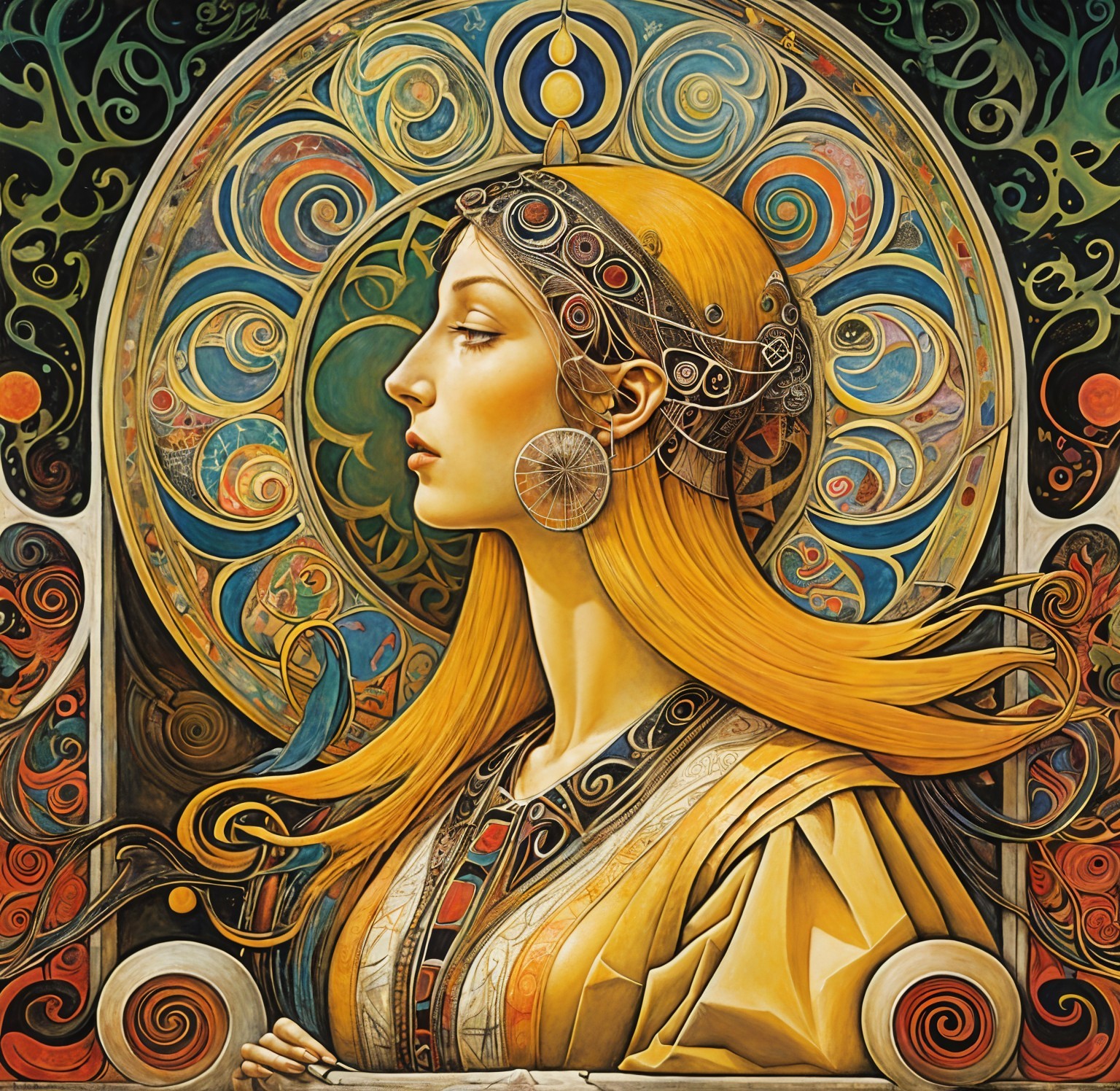Regal Woman with Golden Hair in Vibrant Background