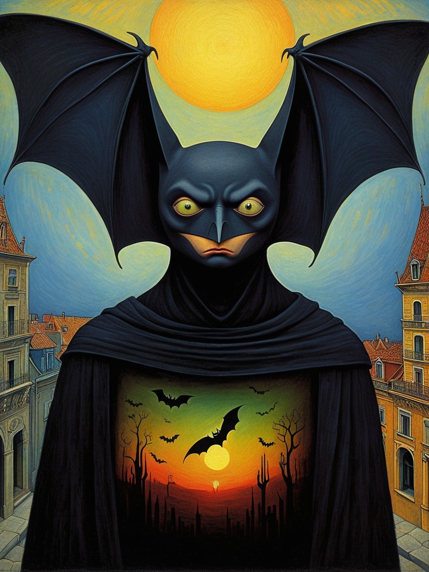 Gothic Figure with Bat Wings Against Sunset Background