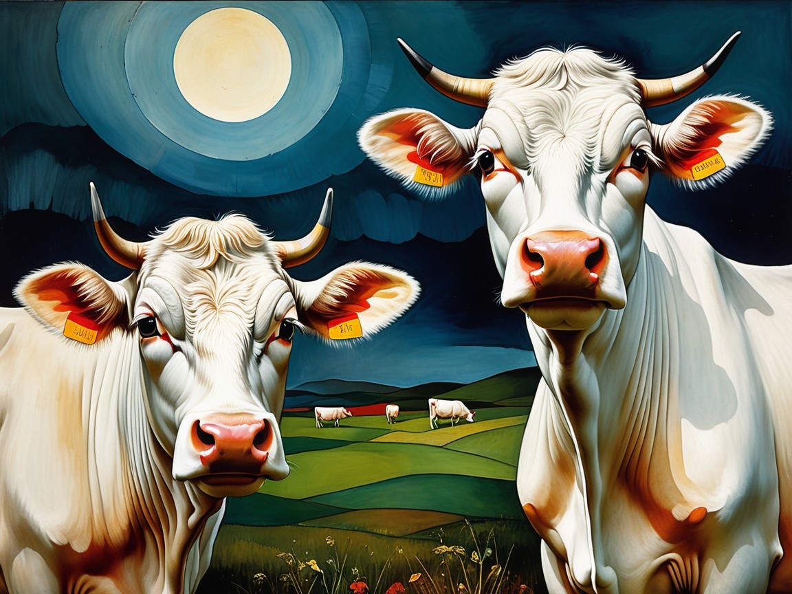 White Cows with Orange Noses Under Moonlit Sky