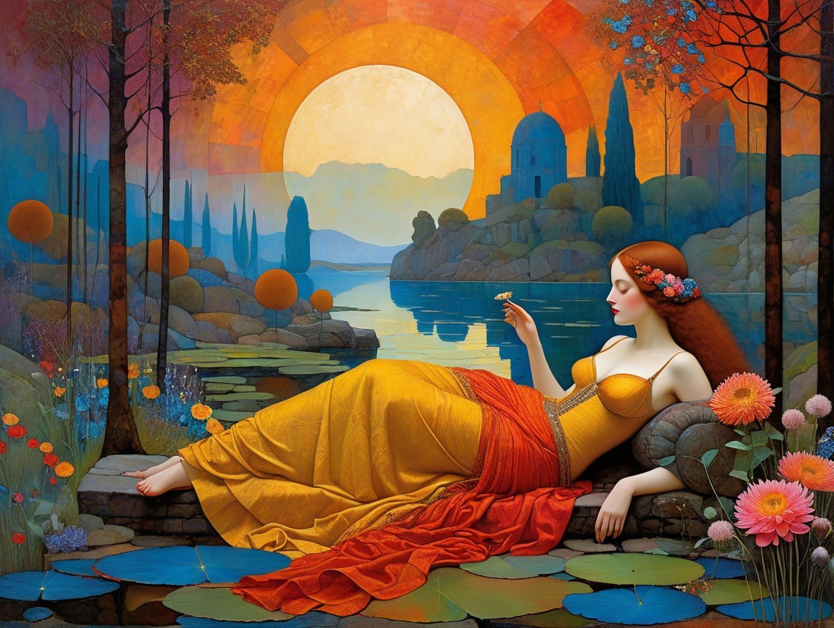 Woman in Yellow Gown by Tranquil Lake at Sunset