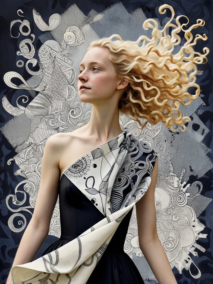 Young woman in patterned dress against dark blue backdrop