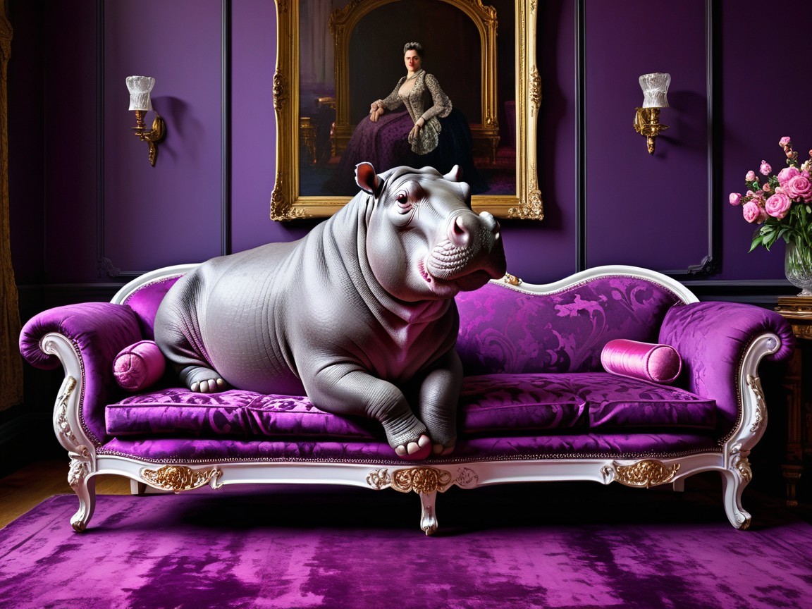 Stylized Hippo on Purple Sofa in Elegant Room