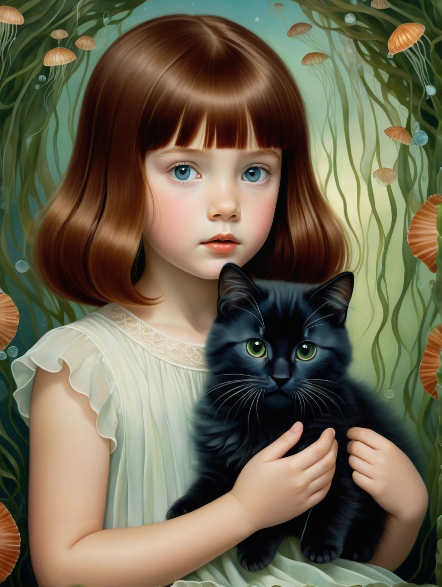 Young girl in white dress with black cat underwater