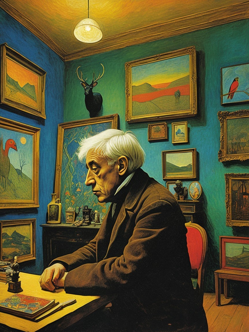Contemplative Figure in Vibrant Art-filled Room