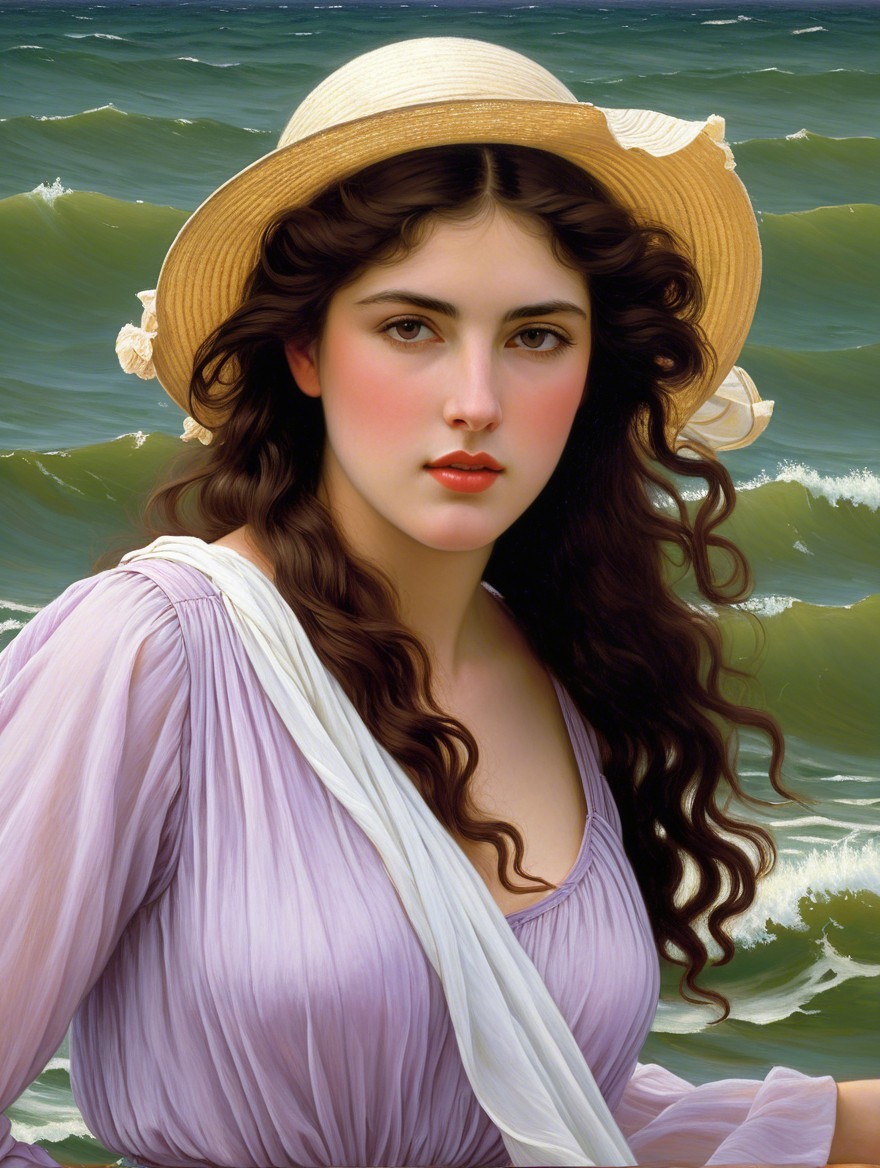 Young woman in lavender dress by ocean waves