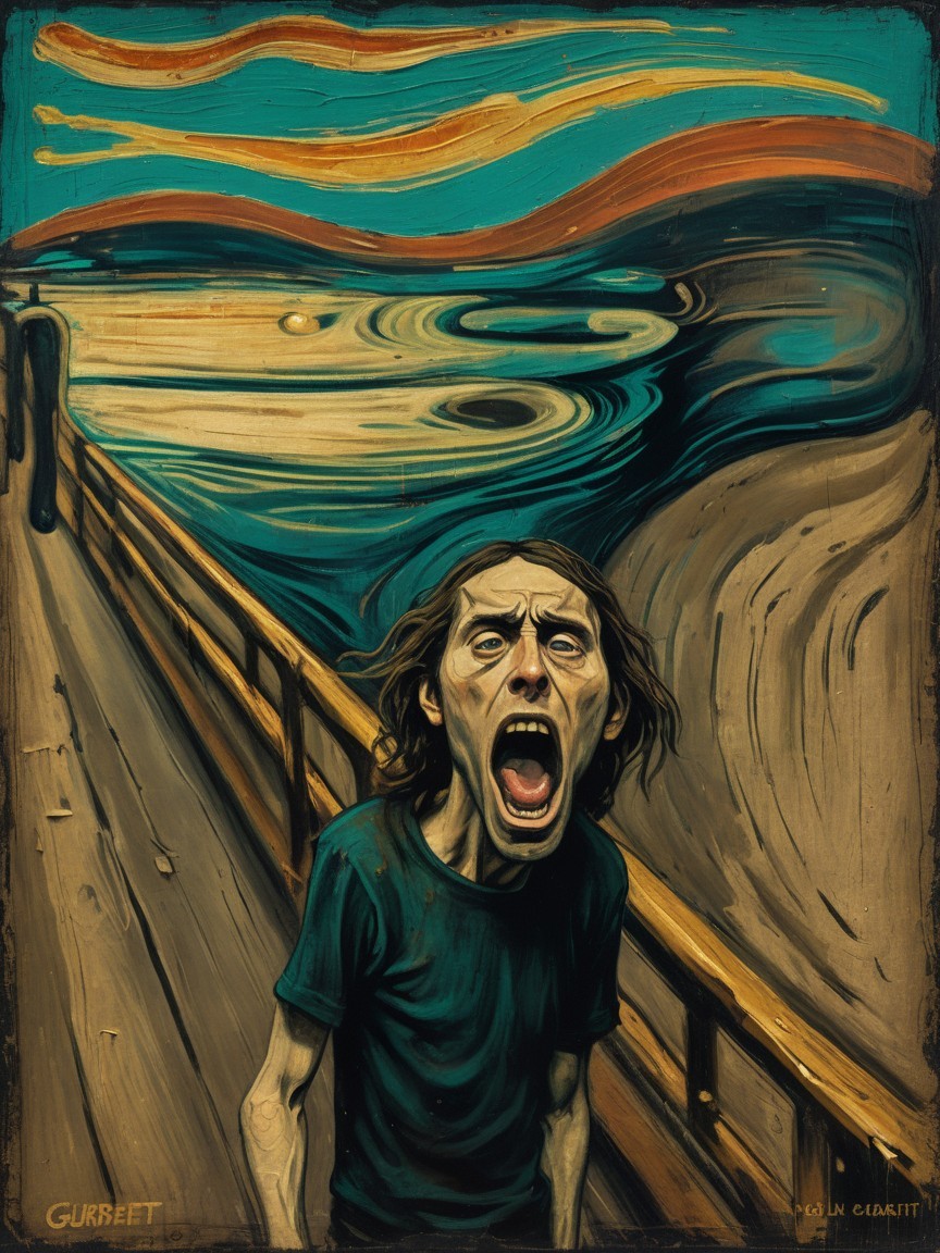 Figure on Bridge with Distressed Expression and Swirling Sky
