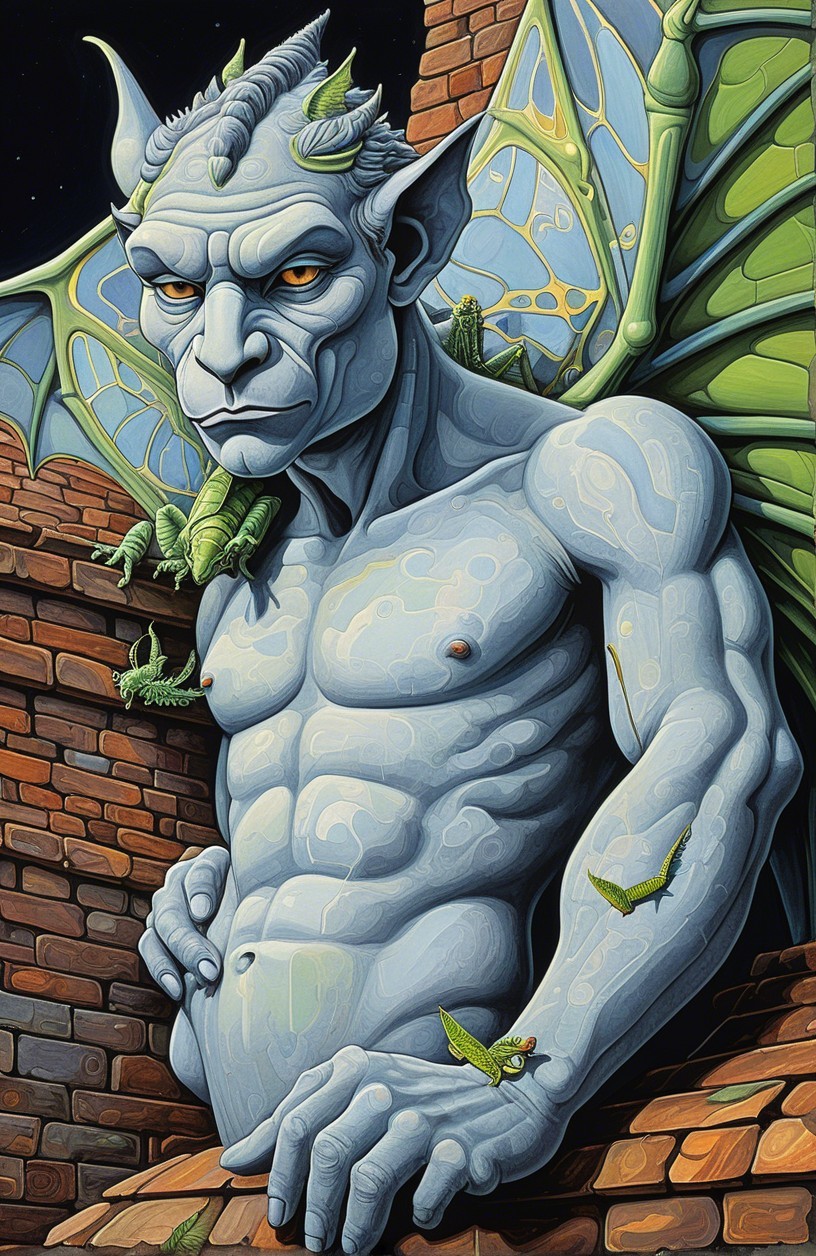 Muscular Blue-Skinned Creature with Bat Wings at Night