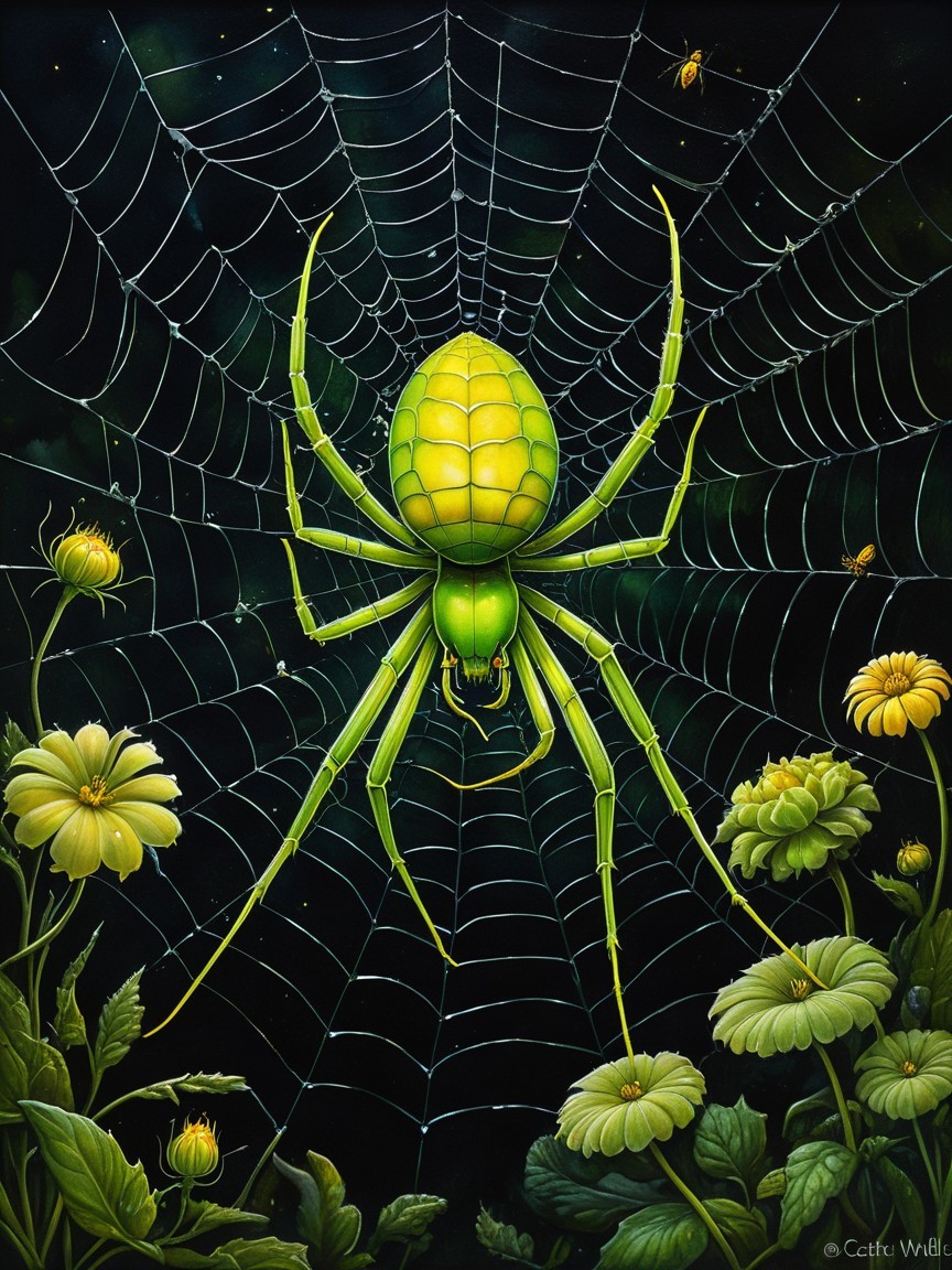 Symmetrical Oil Painting of a Green Spider on Web