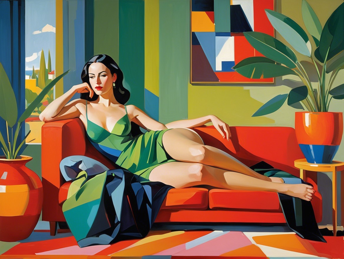 Stylish Woman in Green Dress on Red Couch with Patterns