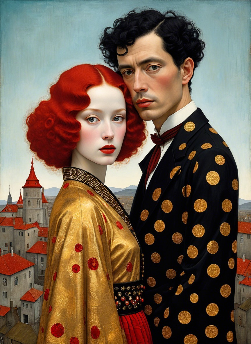 Couple in Vibrant Attire Against Scenic Town Backdrop