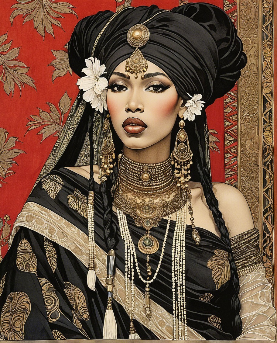 Regal Portrait of Woman in Black and Gold Outfit