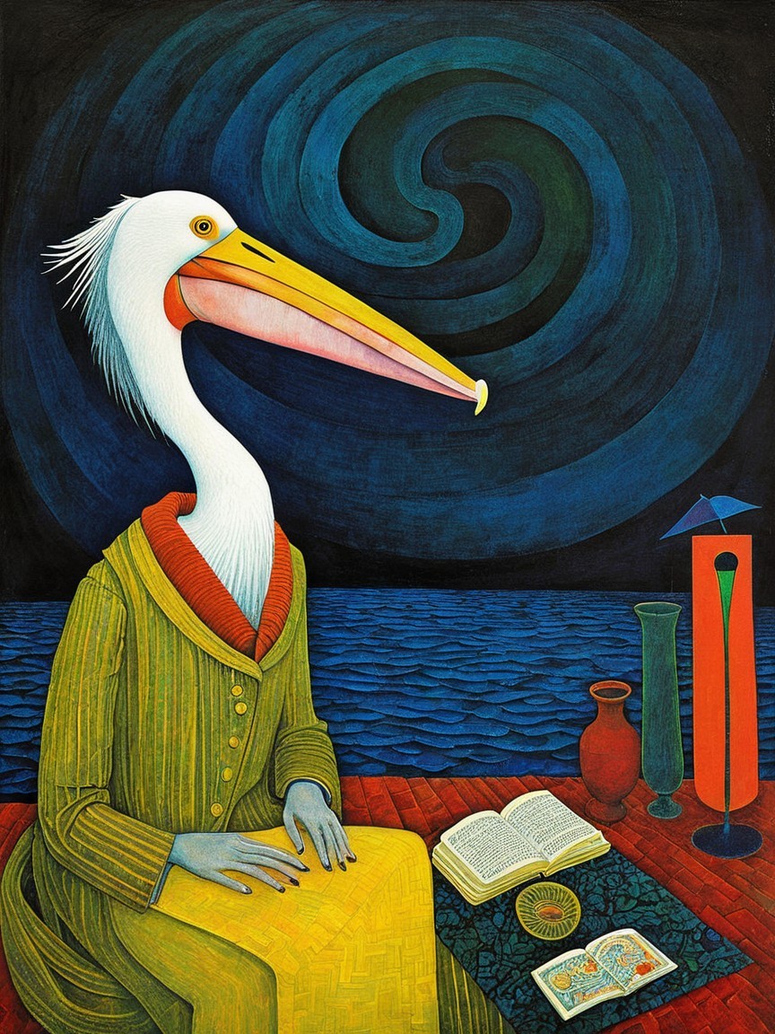 Anthropomorphized Pelican in Whimsical Setting