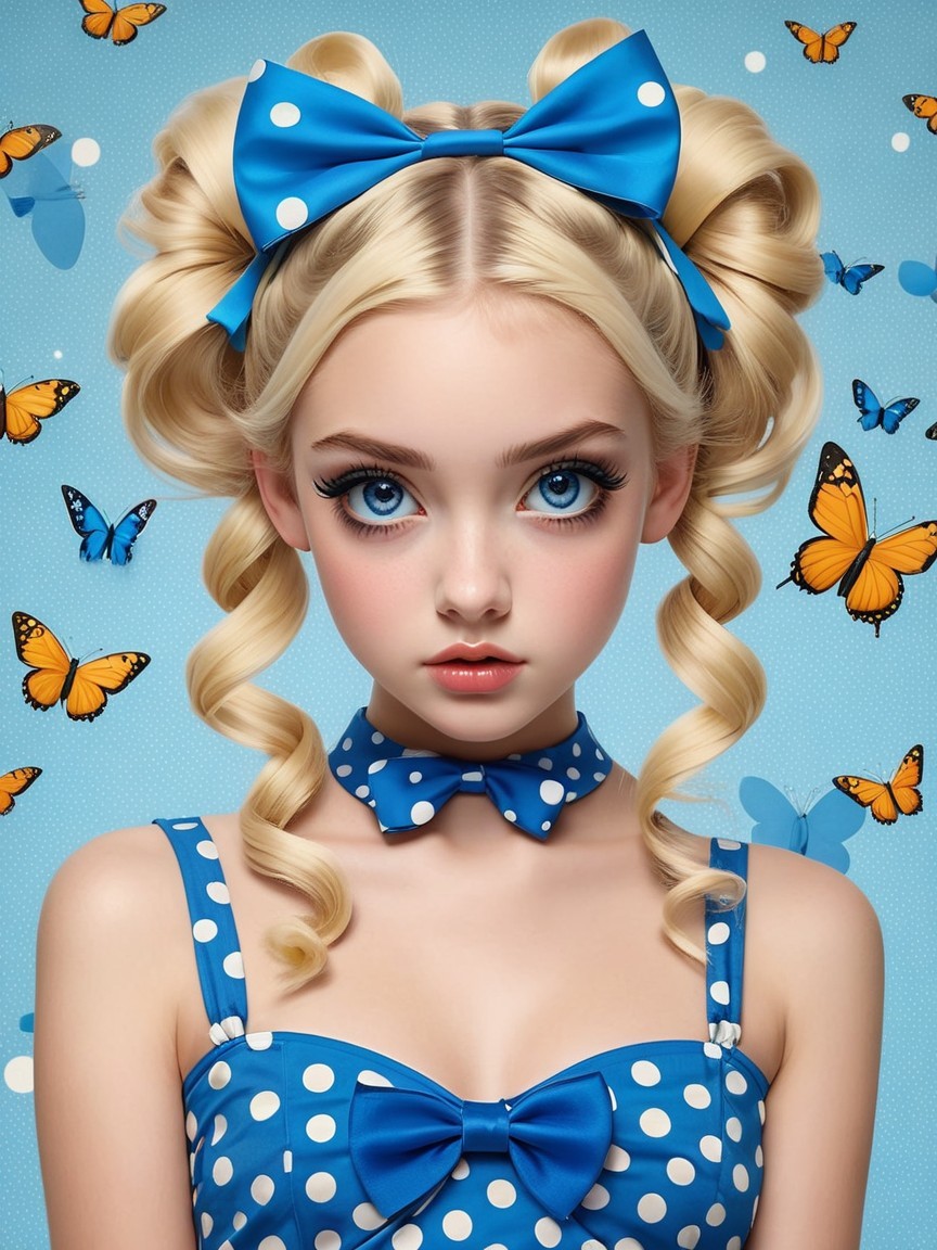 Whimsical portrait of a girl with blue eyes and curls