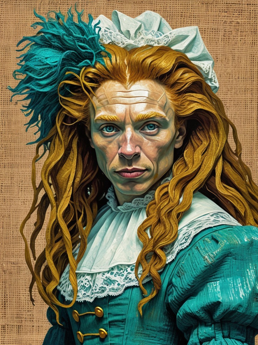 Character with Long Curly Golden Hair in Turquoise Costume
