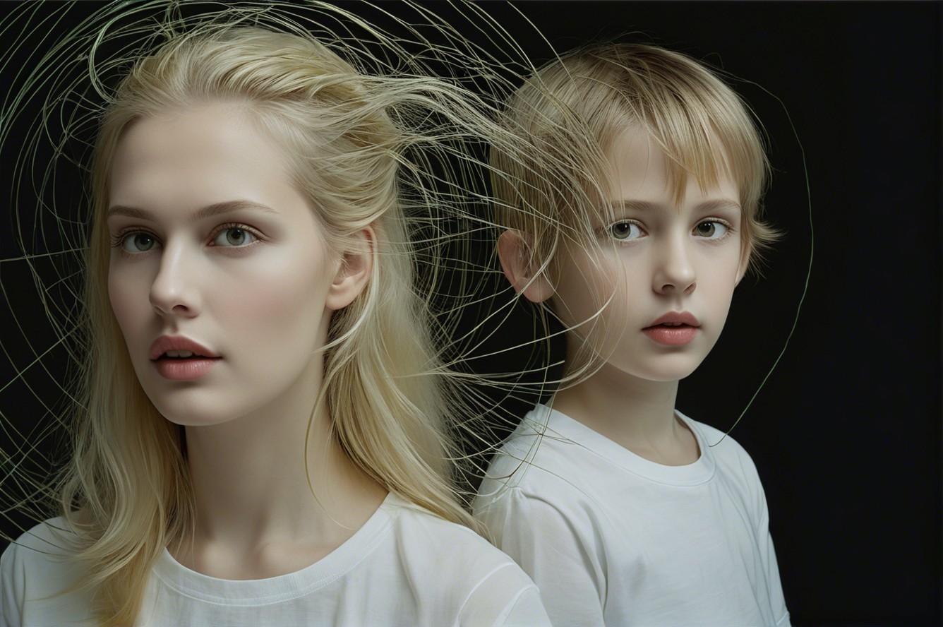 Light-skinned Woman and Child in White T-Shirts on Black