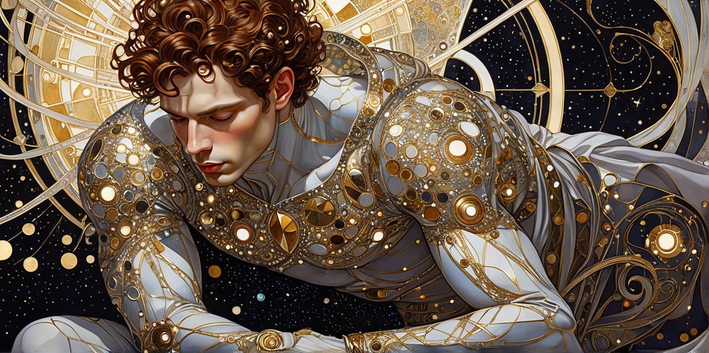 Curly-haired figure in gold suit against celestial backdrop