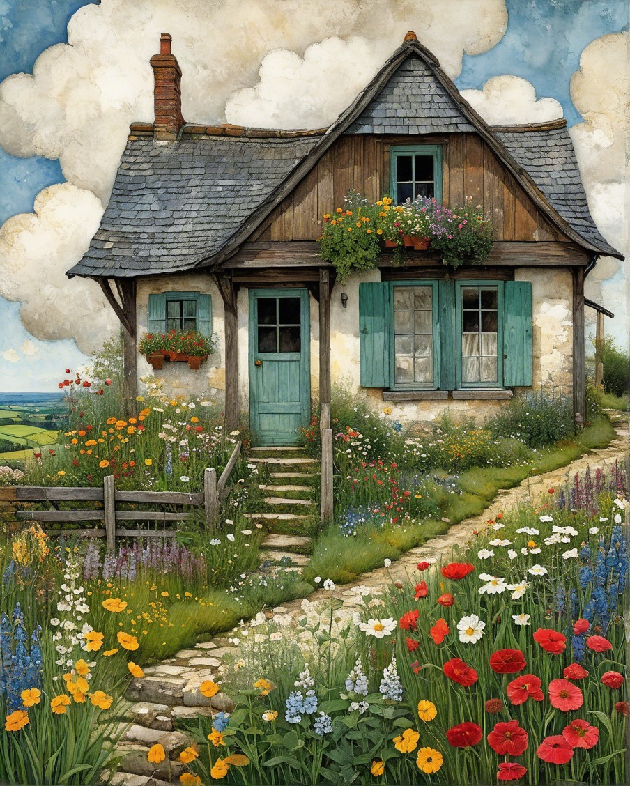 Charming Cottage Surrounded by Colorful Floral Gardens
