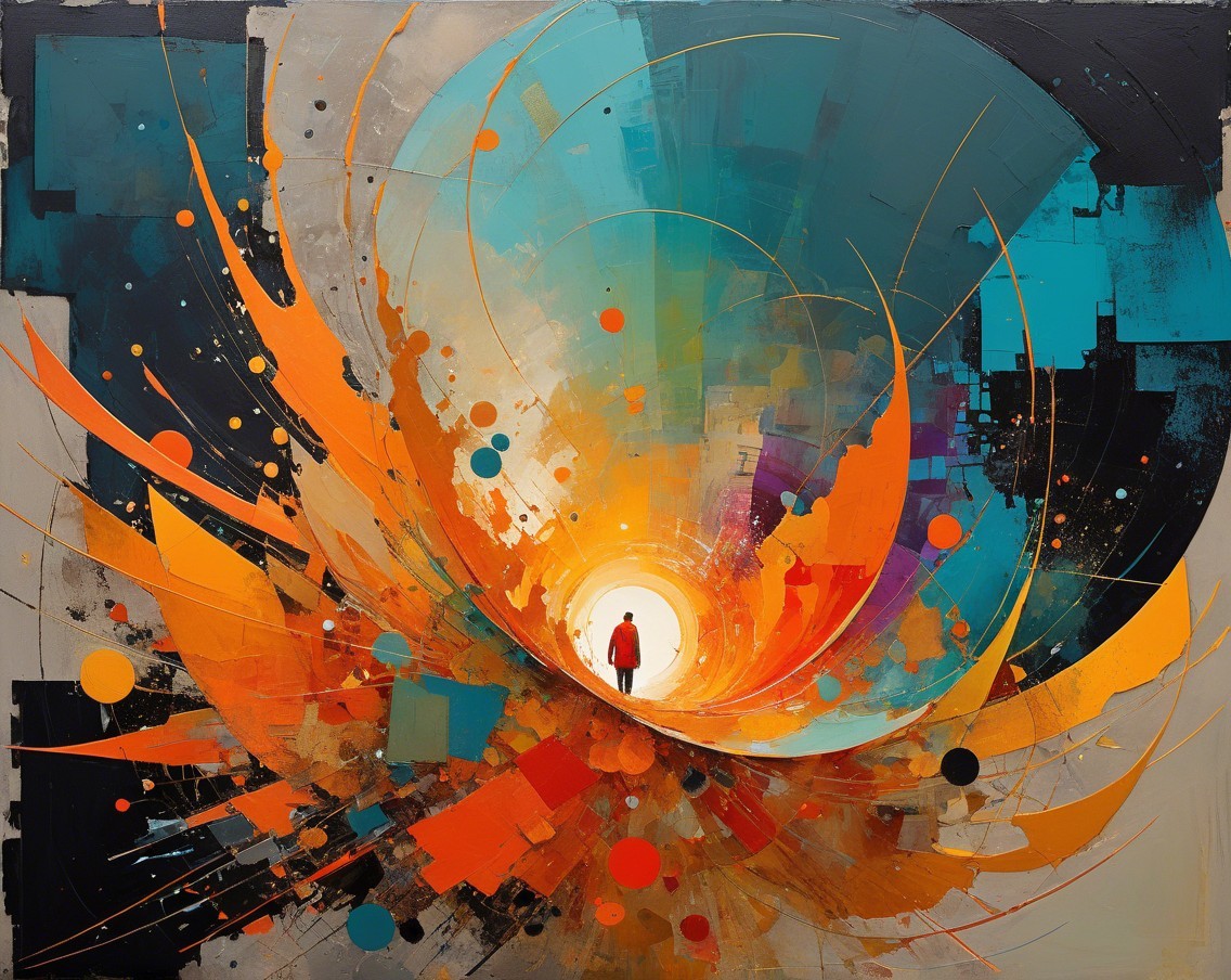 Vibrant Abstract Artwork with Central Figure and Colors