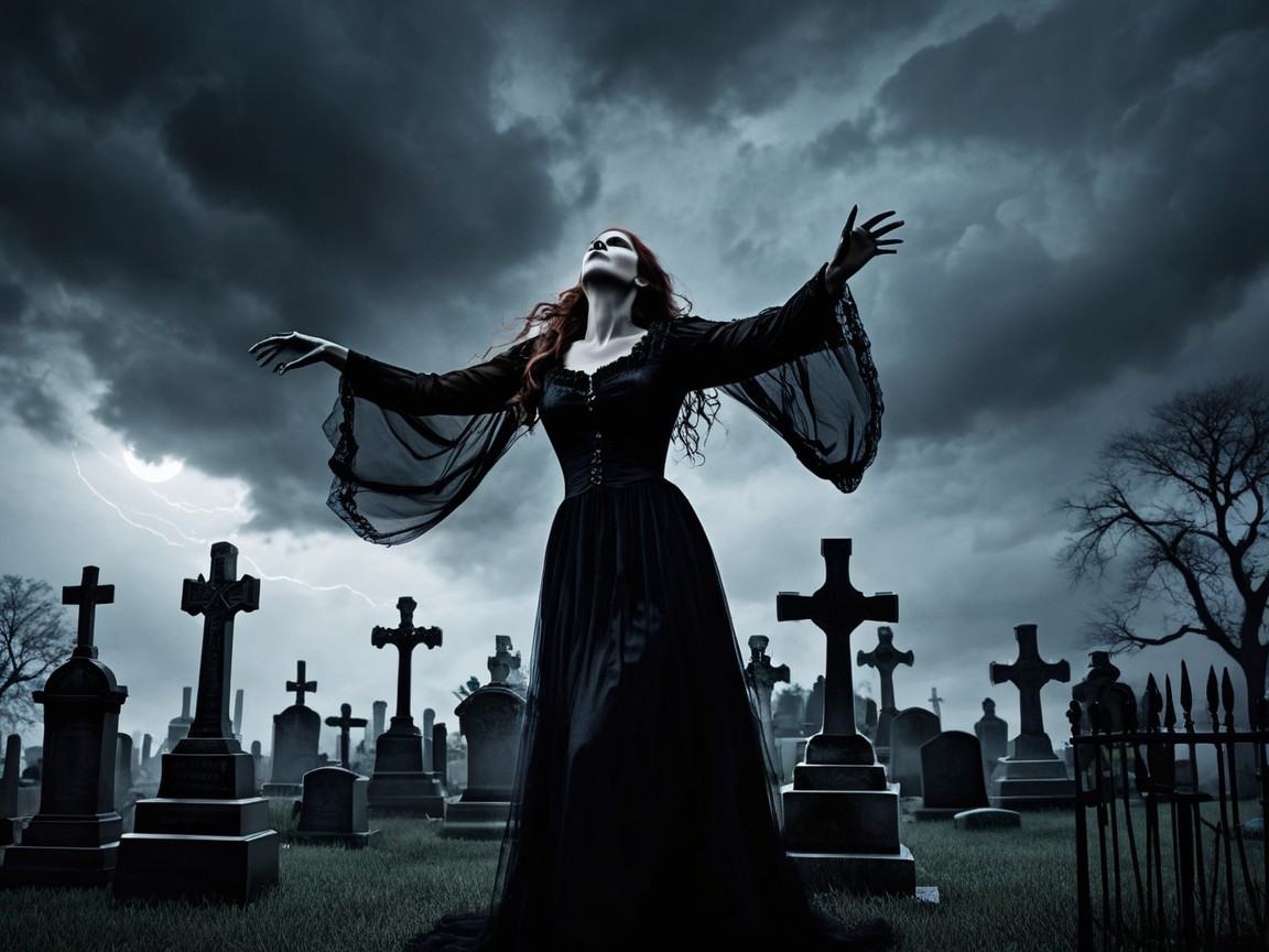 Figure in Black Gown in Stormy Graveyard Scene