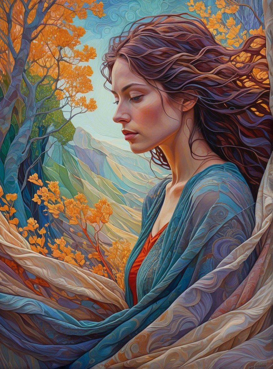 Serene Young Woman in Dreamlike Autumn Landscape