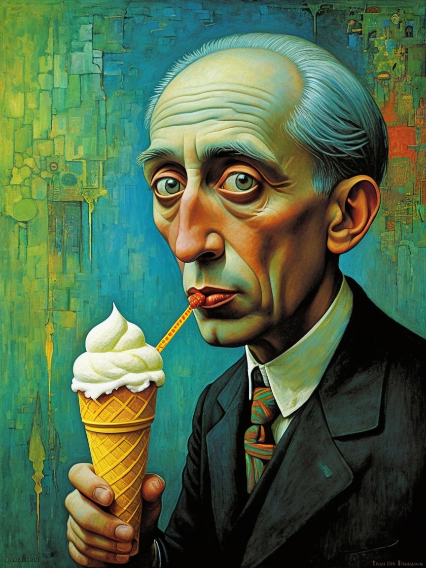 Man in Suit Holding Ice Cream Cone with Abstract Background