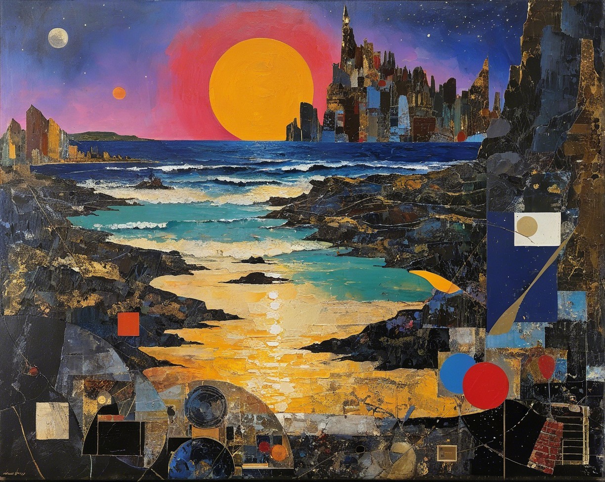Futuristic Seascape Painting with Moons and Cityscape
