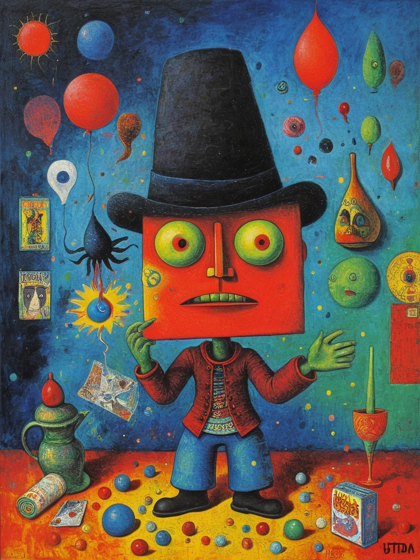 Surreal Painting of Square-Headed Figure with Whimsical Elements