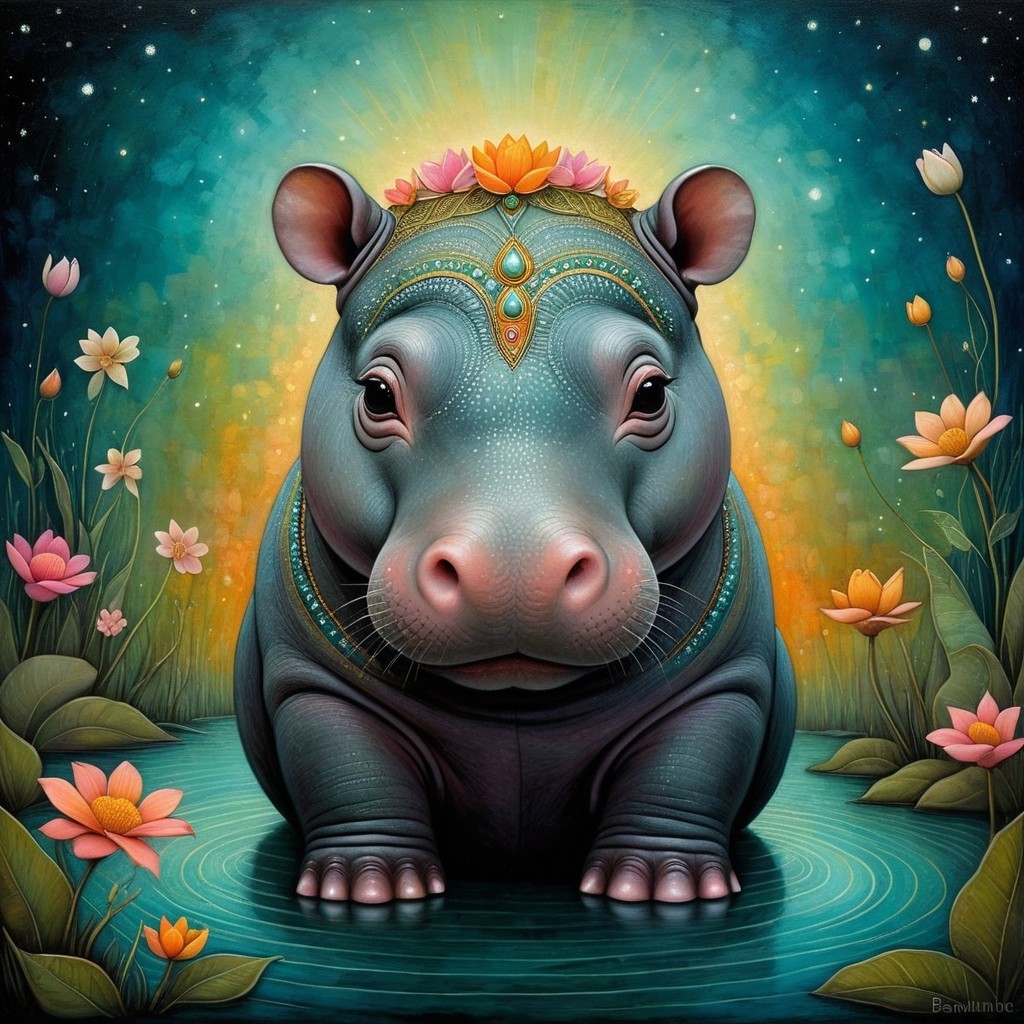 Serene Hippo in Tranquil Pond with Lotus Flowers