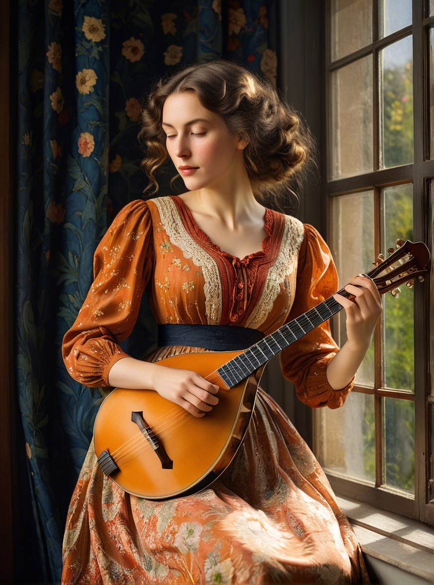Young Woman in Vintage Dress Playing Mandolin by Window