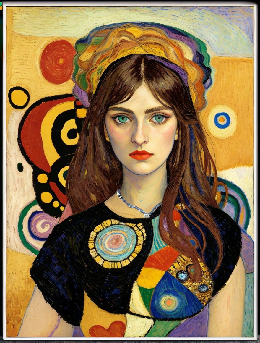 Young Woman with Green Eyes and Colorful Headpiece