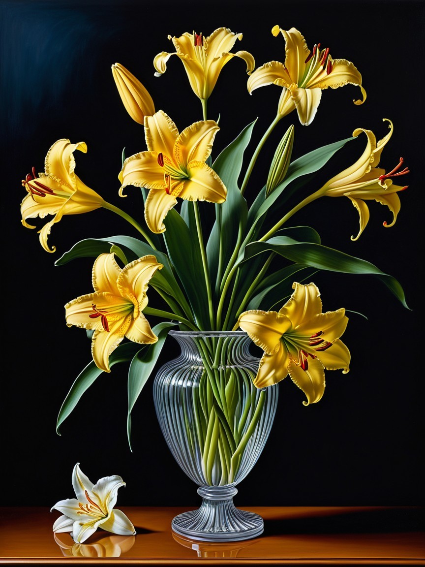 Vibrant Yellow Lilies in Glass Vase on Black Background