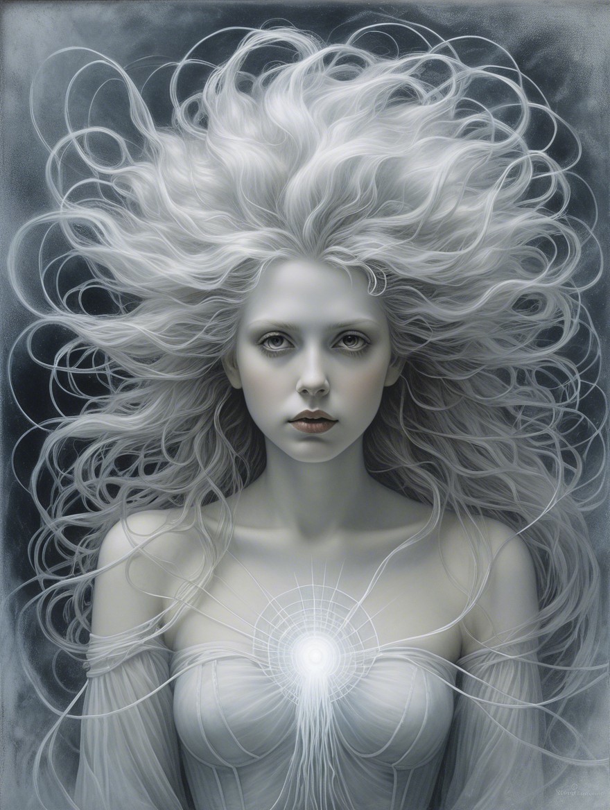 Ethereal figure with white hair in dark background