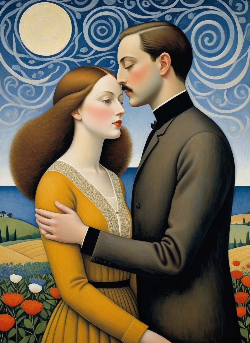 Romantic Embrace of a Couple in Vibrant Landscape