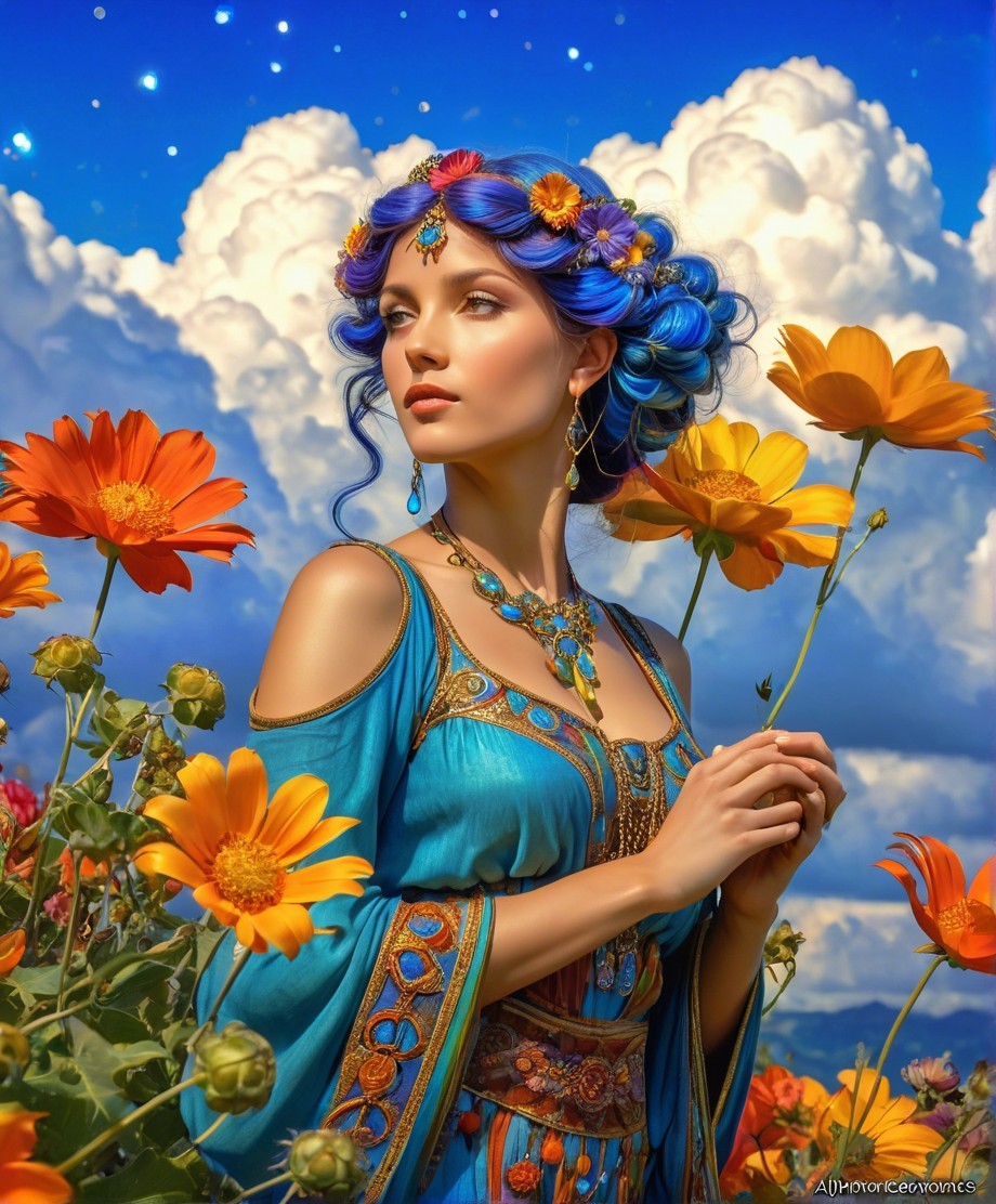 Young Woman with Blue Hair in Floral Setting