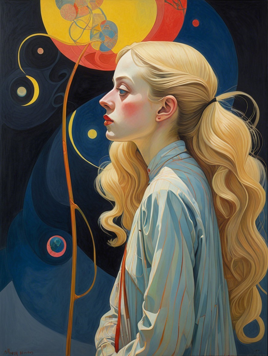 Young Woman with Blonde Hair in Abstract Artwork