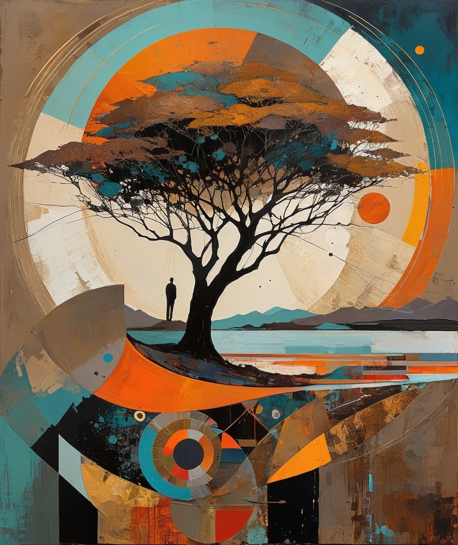 Silhouette of Figure Under Stylized Tree with Patterns
