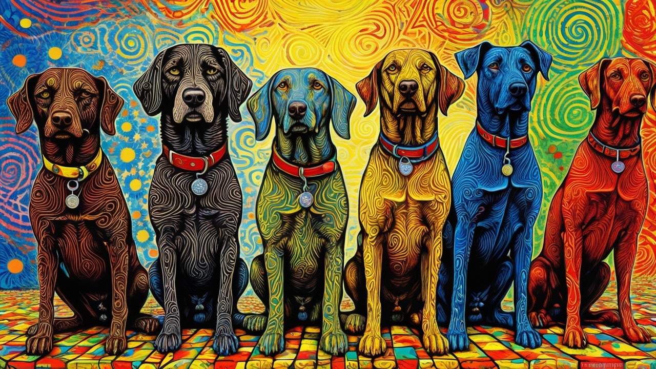 Colorful Artistic Representation of Six Dogs in a Row