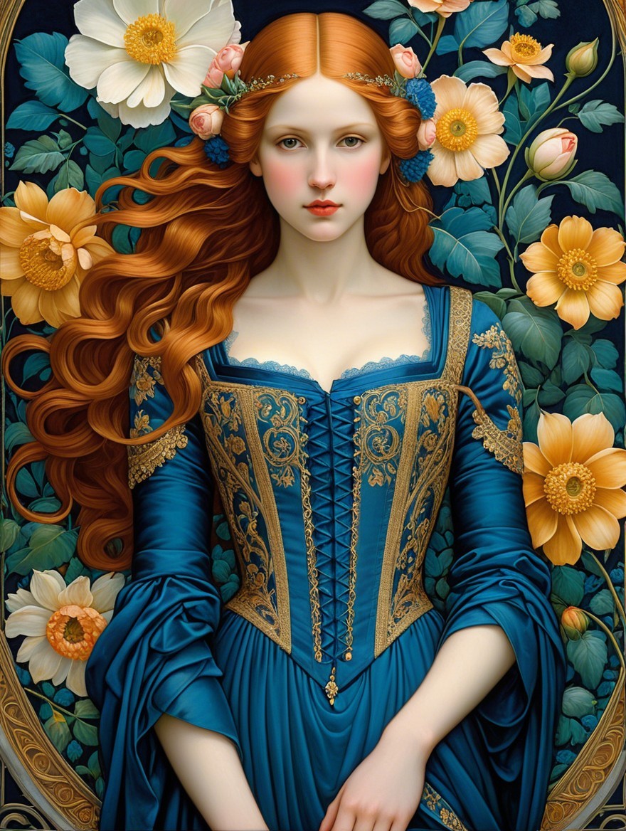 Elegant Woman in Blue Gown Surrounded by Flowers