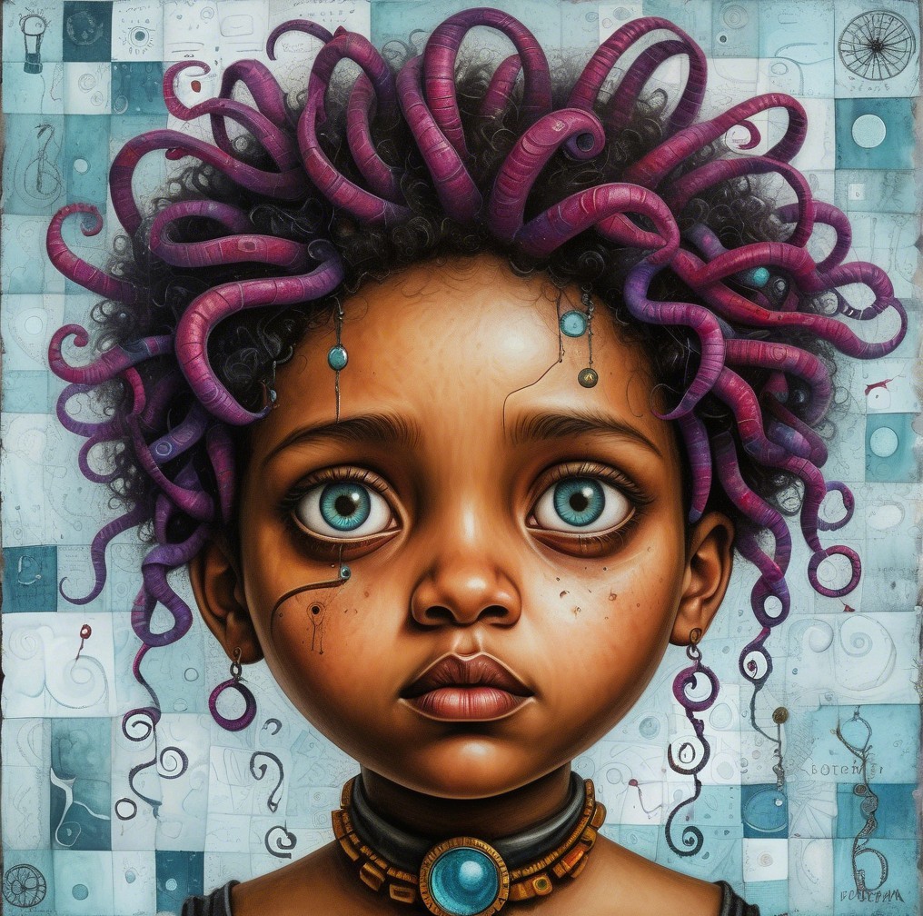 Young girl with purple coiled hair and blue eyes