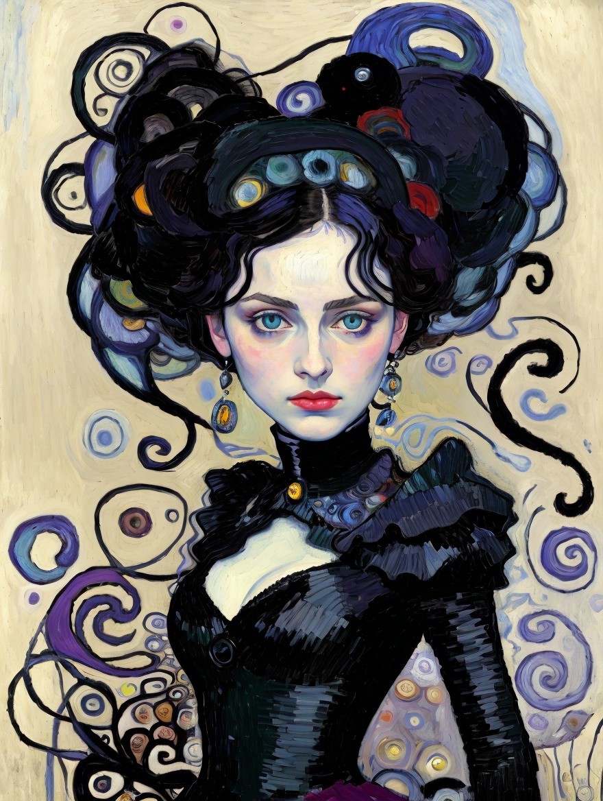 Young Woman with Elaborate Hairstyle and Dark Gown